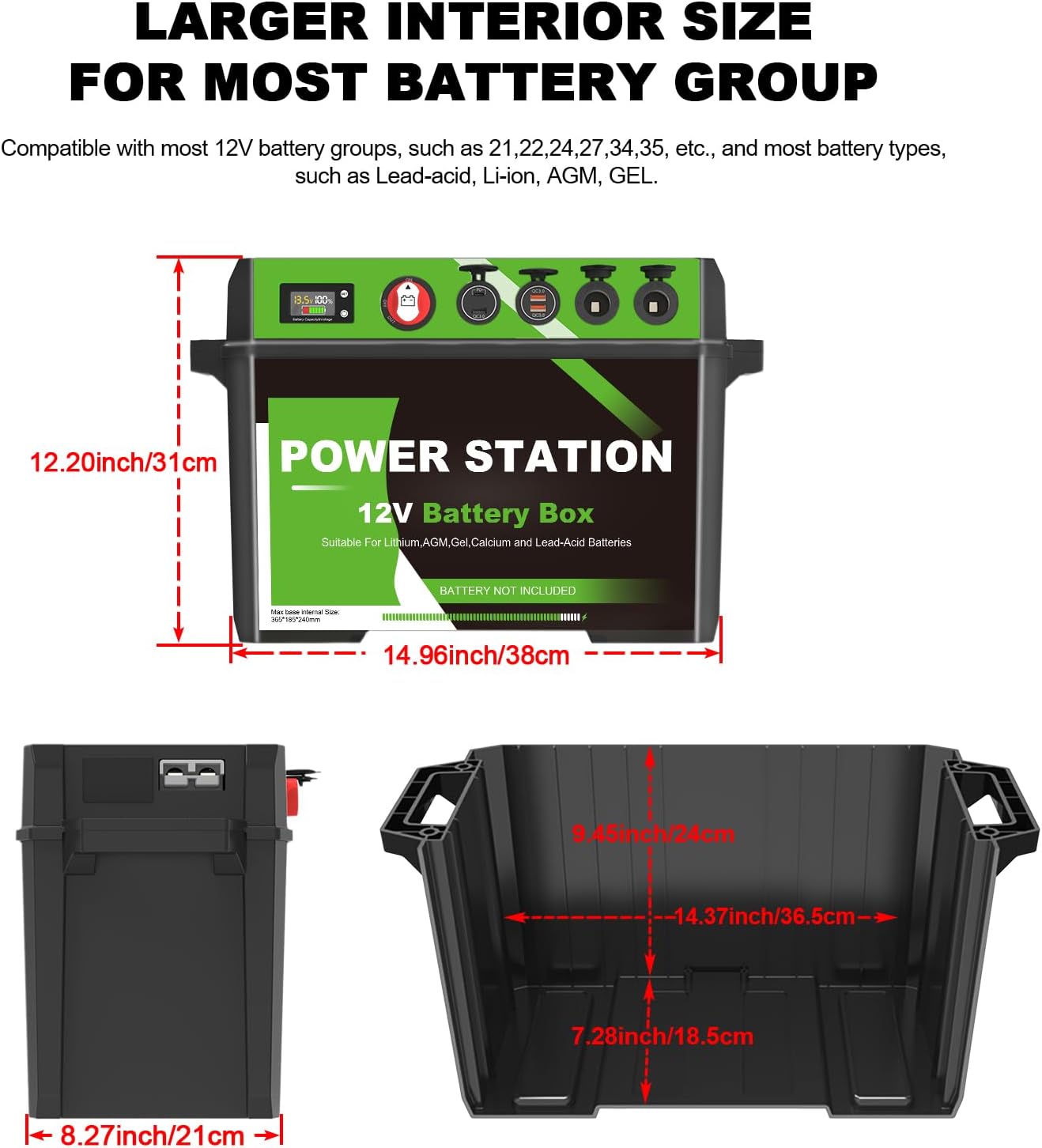 Battery Box with USB and Anderson Plug - 12V Waterproof Smart Battery Box (NO INVERTER)