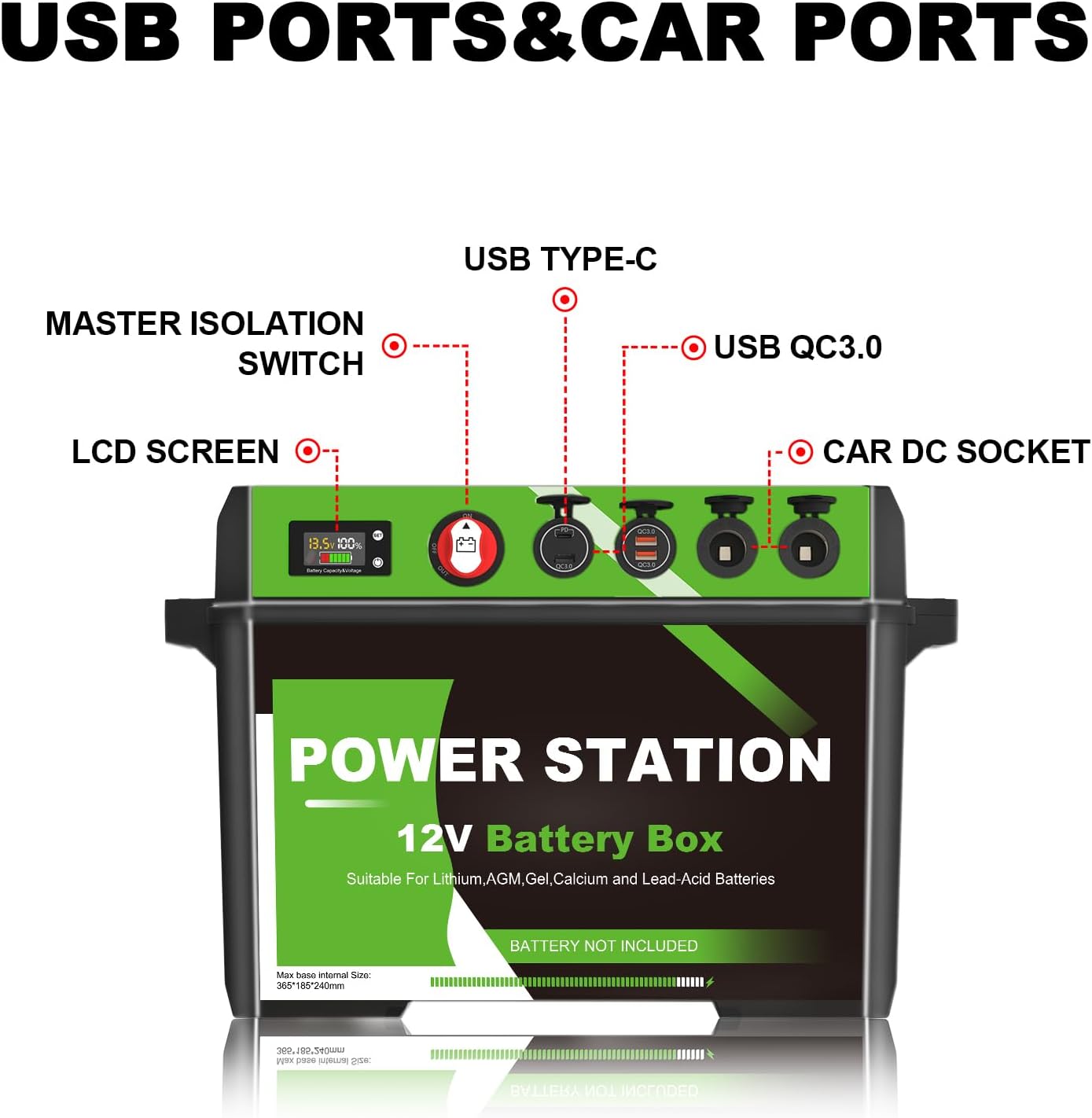 Battery Box with USB and Anderson Plug - 12V Waterproof Smart Battery Box (NO INVERTER)